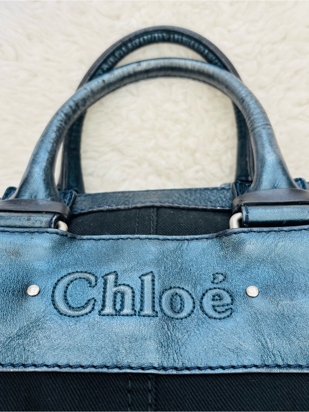 Chloe Metallic Blue Leather Black Canvas Handbag/Duffle Bag 12”x8”x7” - Picture 6 of 16